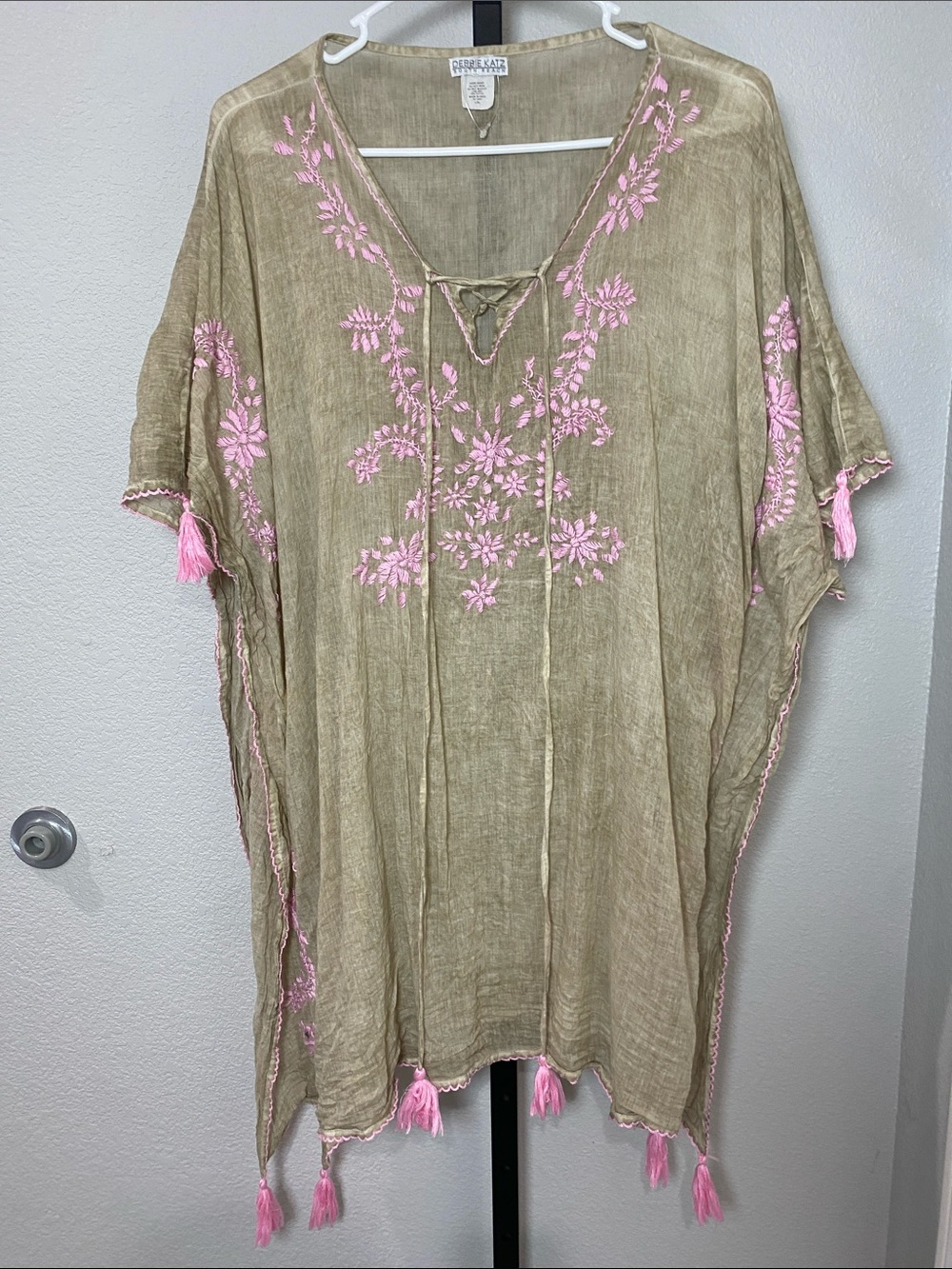Beige Embroidered Tunic with Pink Accents - Women's Casual Kaftan